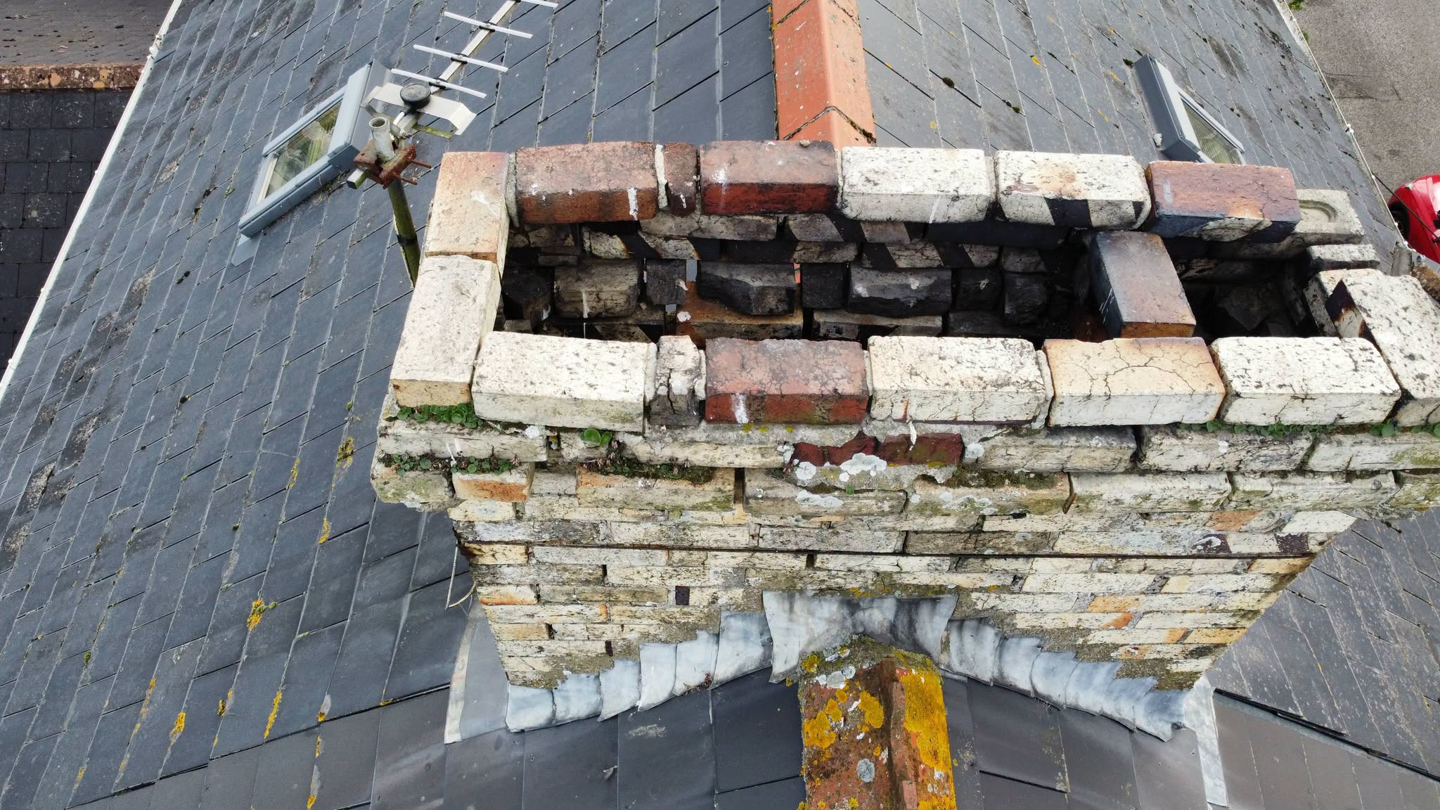 Top of the stack showing the old brickwork around the open flues