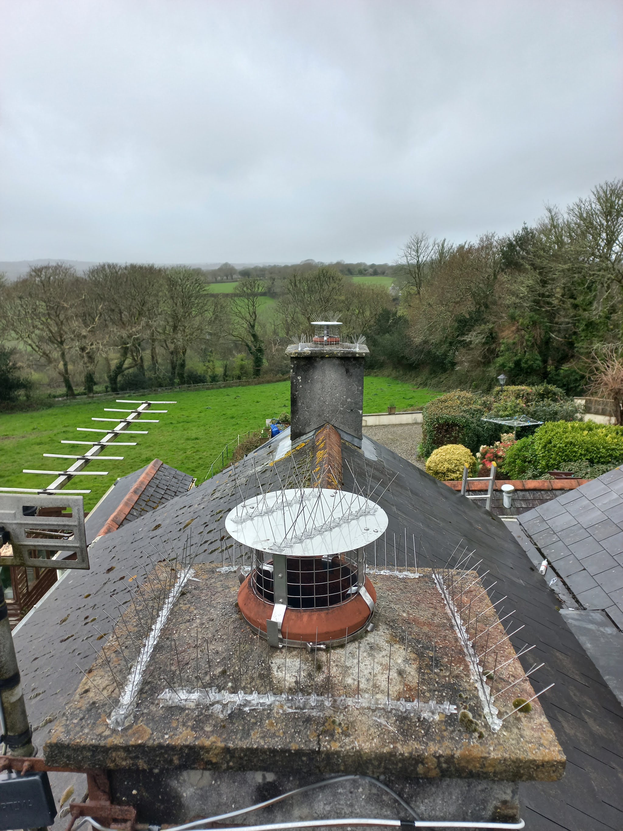 A chimney stack finished with a new mesh cowl and bird spikes, Cornish fields behind